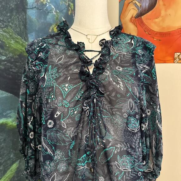 anthropologie sheer ruffle floral blouse xsp fairy boho top - Picture 7 of 9